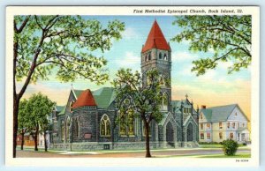 ROCK ISLAND, Illinois IL~ FIRST METHODIST EPISCOPAL CHURCH 1940s Linen Postcard