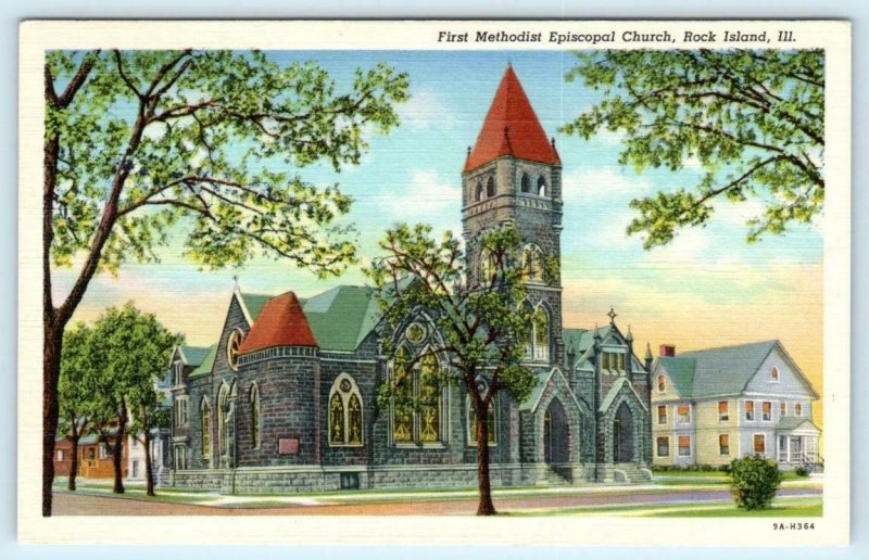 ROCK ISLAND, Illinois IL~ FIRST METHODIST EPISCOPAL CHURCH 1940s Linen Postcard