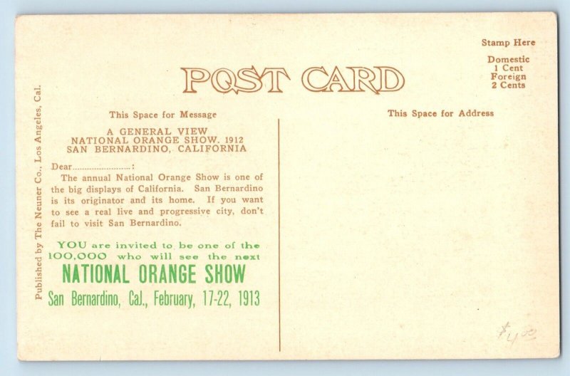 San Bernardino California CA Postcard General View National Orange Show 1913