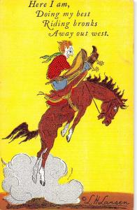 Cowboy Bucking Bronco Horse Humor Cartoon Larsen Antique Postcard K44713