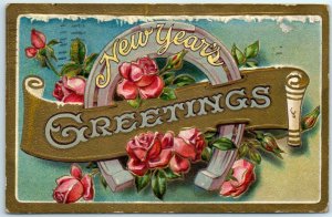 M-30224 New Year's Greetings with Roses and Horseshoe Art Print