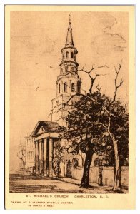 Vintage St. Michael's Church, Drawing, Charleston, SC Postcard