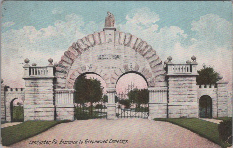 Postcard Entrance to Greenwood Cemetery Lancaster PA