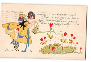 Woman Watering Hearts Romance Love Postcard 1924