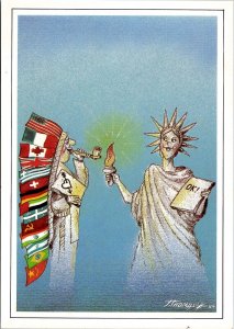 Statue of Liberty Indian Headdress World Flags Artist Jacques Thomas Postcard SL