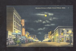 COUER D'ALENE IDAHO DOWNTOWN STREET SCENE AT NIGHT VINTAGE POSTCARD FULL MOON