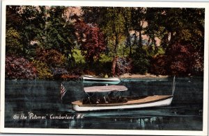 Postcard MD Cumberland Motor boat with flag on the Potomac