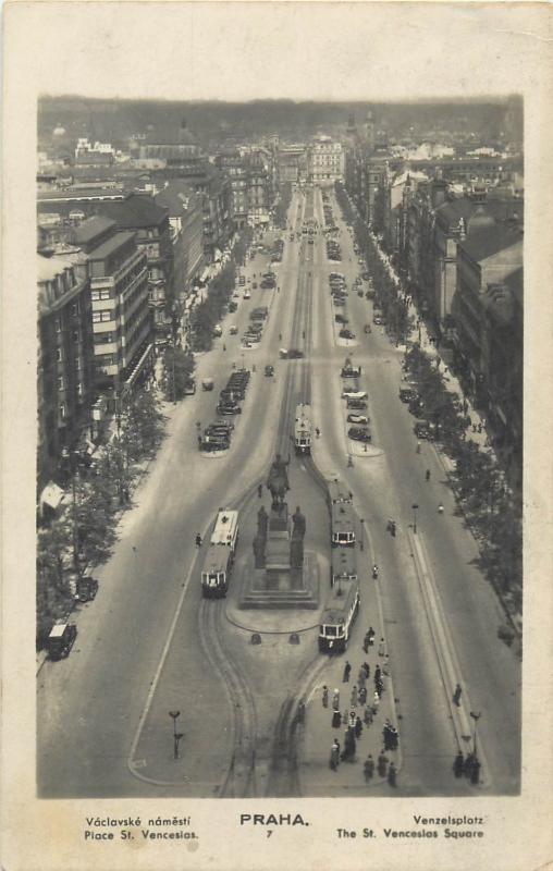 Czech R. Praha Prag Prague photo postcard 1934 the St. Venceslas Square tramways