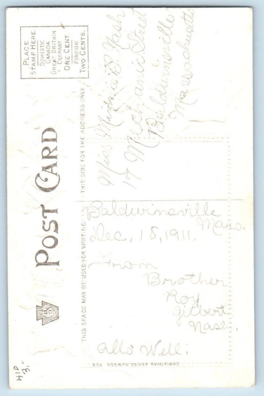 Christmas Postcard Greetings Ringing Bells Berries Snow Winter Embossed c1910's