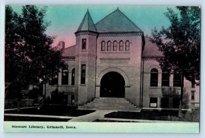 Grinnell Iowa IA Postcard Stewart Library Building Trees Exterior Scene Vintage