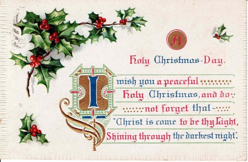 USA 1913 Posted Holy Christmas Day Greeting Gold Leaf Gilt Embossed Holly