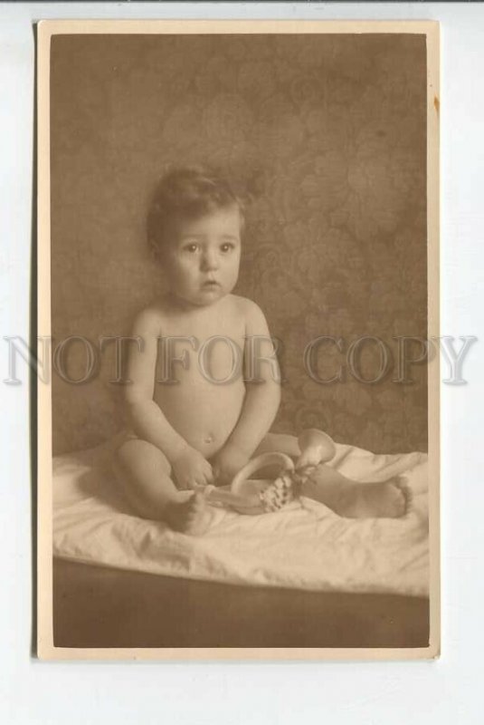 439222 NUDE Baby Kid w/ PIPE Toy Vintage REAL PHOTO postcard 1927 year