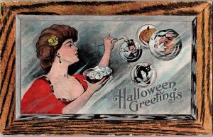 Antique Halloween Greetings Woman bubbles Cat pumpkin Postcard Rose Co JO5