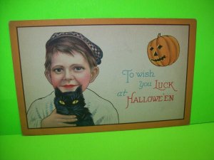 Halloween Postcard Boy Holding Black Cat 1291 C Stecher Original Antique  #4