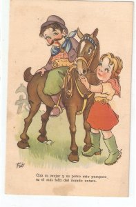 Pampas couple with their horse  Curious vintage Spanish postcard