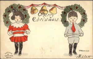 Christmas - Shy Little Boy & Girl - Wreaths & Bells c1910 Postcard