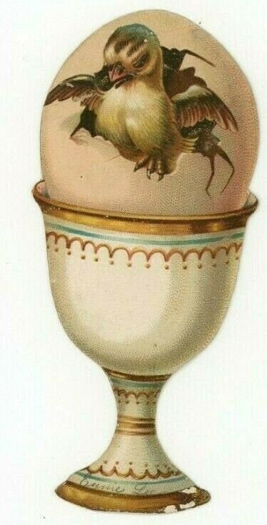 1880s Victorian Die-Cut Egg in Cup Chick Hatching Out Fab! P206