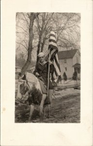 Military US Navy Sailor in Uniform on Horseback with American Flag Postcard W11