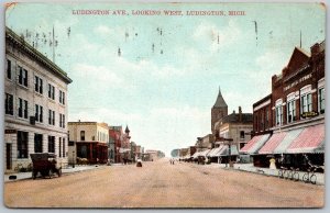 Ludington Michigan 1909 Postcard Ludington Avenue West Cars Bicycles Dentist