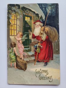 Santa Claus Angels Christmas Postcard Germany Gel PC15