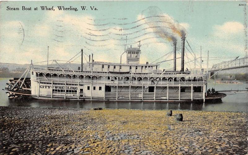 E65/ Wheeling West Virginia Postcard 1910 Steamboat Wharf City of Wheeling 3