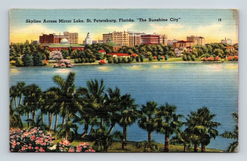 Skyline Mirror Lake St Petersburg Florida FL Sunshine City Linen Postcard PM WOB 