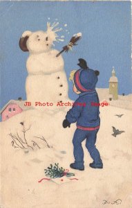 Signed F.B, Meissner & Buch No 2767, Boy Throws Snowball at Snowman