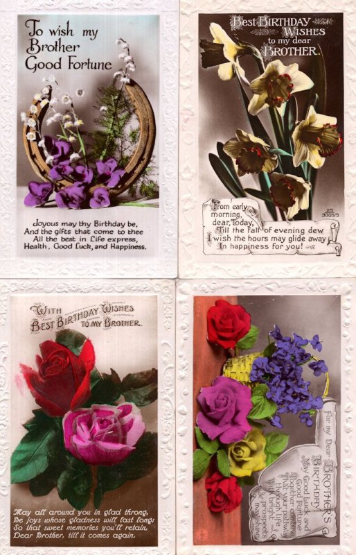 Happy Birthday Brother 4x Antique Raised 3D Flowers RPC Postcard s