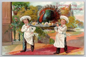 Thanksgiving Greetings Children Chefs Large Turkey On Platter Postcard S26