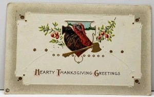 Thanksgiving Greetings Turkey with Golden Ax or  Axe 1918 Embossed Postcard B16