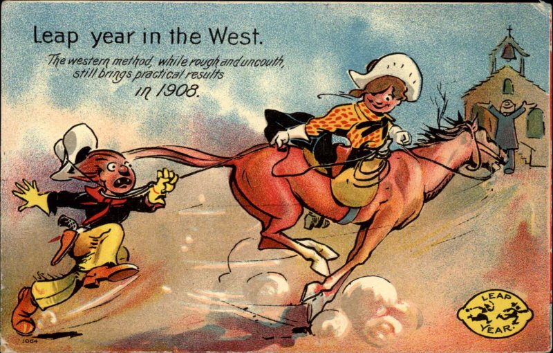 Cowgirl Ropes Herself a Man Leap Year 1908 Comic Postcard