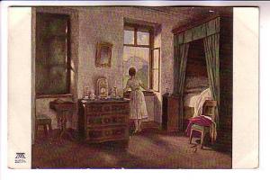 Painting by Schwind, Woman in Bedroom, Morning Hour,