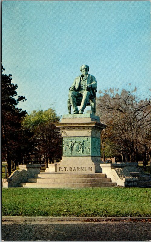 Vtg 1950s P.T. Barnum Statue Circus Showman Bridgeport Connecticut CT Postcard