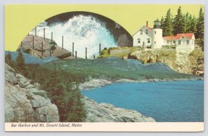 Mt Desert Island Maine~Air View Bar Harbor & Waterfall~Vintage Postcard