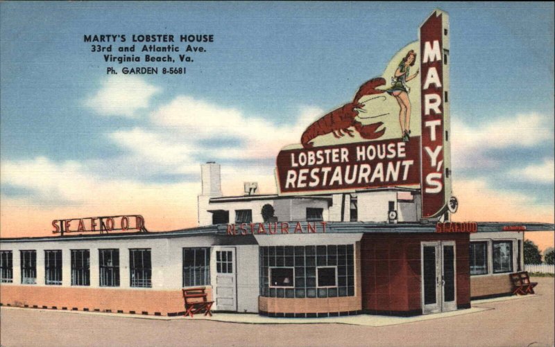 Virginia Beach Virginia VA Marty's Lobster House Restaurant Linen Postcard