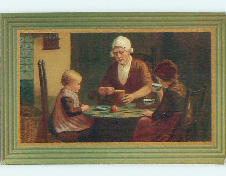 Pre-Linen foreign GIRL DRINKING FROM TEACUP BESIDE MOM AT TABLE HL7359