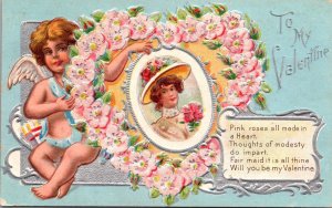 Valentine Postcard Cupid Cherub Angel Woman's Portrait and Heart of Flowers