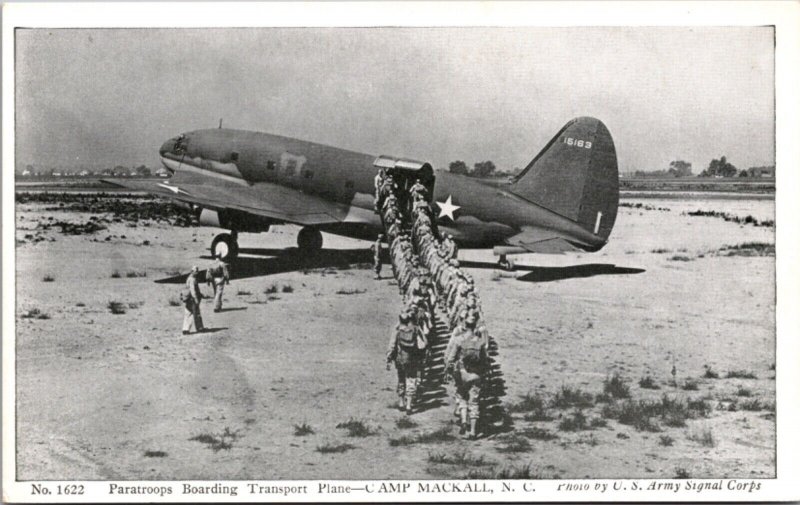 Postcard Paratroops Boarding Transport Plane in Camp Mackall, North Carolina