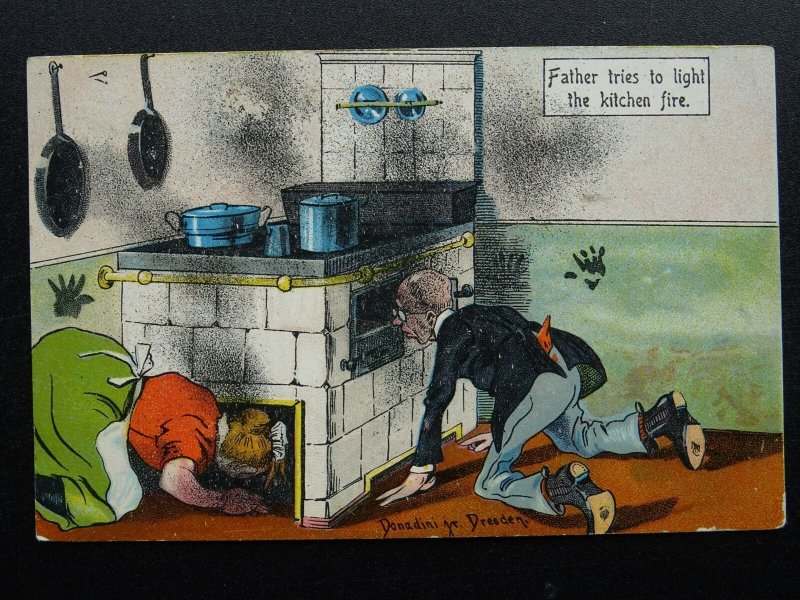 Servant & Maid Theme FATHER TRIES TO LIGHT THE KITCHEN FIRE c1907 Postcard