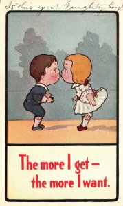 Vintage Postcard 1910's The More I Get The More I Want Boy & Girl Kiss Comics