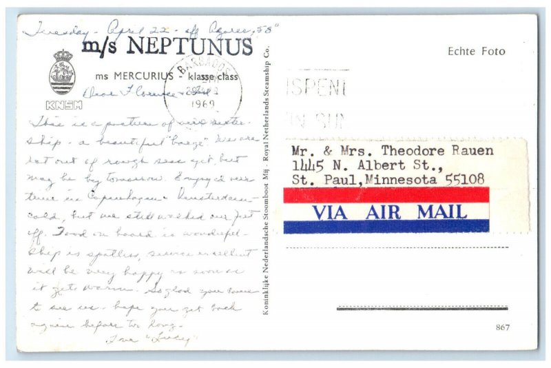 1969 M/S Neptunus MS Mercurius Class Barbados Air Mail RPPC Photo Postcard