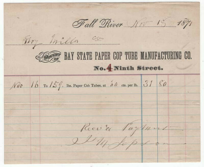 1871 Billhead, Bay State Paper Cop Tube Manufacturing Co., Fall River, MA 