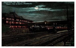 Postcard NJ Trenton Penn R.R. Station - Western Flier at Station