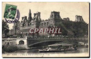 Old Postcard Paris Hotel de Ville and the Bridge of Arcola Boat