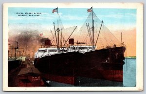 Mobile Alabama~Typical Wharf Scene~Ships~Passengers~Vintage Postcard
