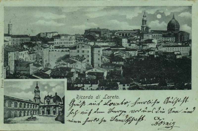 italy, LORETO, Piazza della Madonna, Basilica, Panorama 1900 Moonlight Postcard