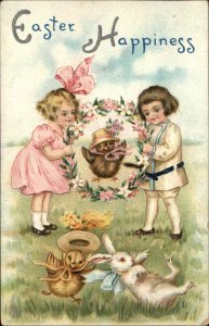 Tuck Easter Frolic Fantasy Little Boy and Girl Chick and Bunny c1910 Postcard