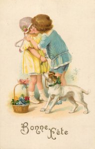 Lovely drawn dog and children love kiss vintage greetings postcard