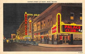 Center Street Scene RENO, NEVADA Palace Club Night View c1940s Vintage Postcard