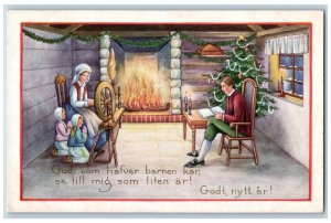 Christmas Postcard Christmas Tree Spinning Wheel Children Fireplace Embossed